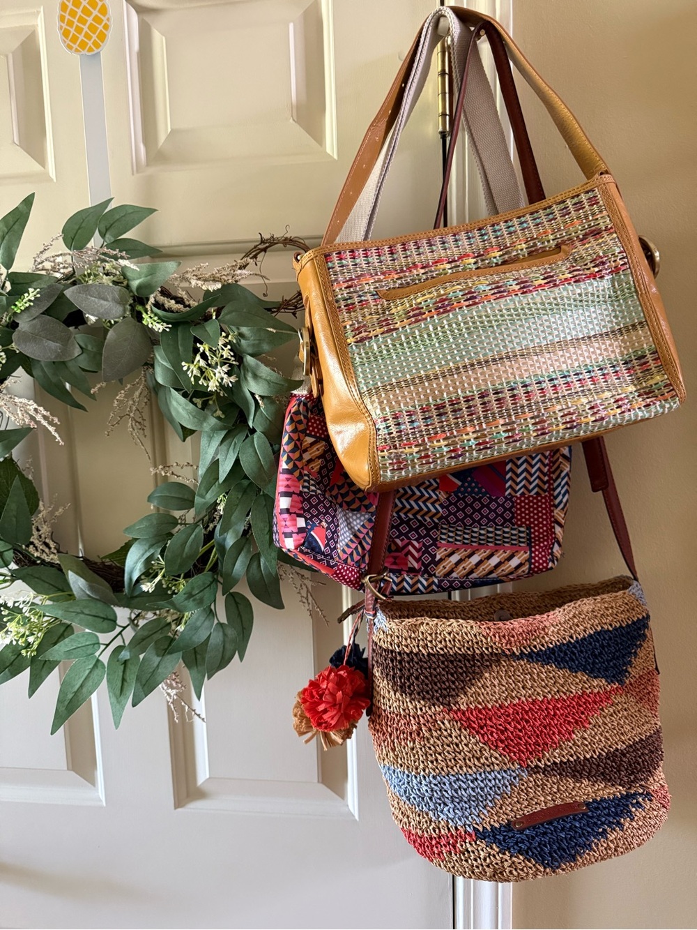 Multicolor Woven Shoulder Bag with Tan Trim and Mixed Accent Panels 𝗔𝗹𝗹 𝟰 𝟭 𝟯𝟬.